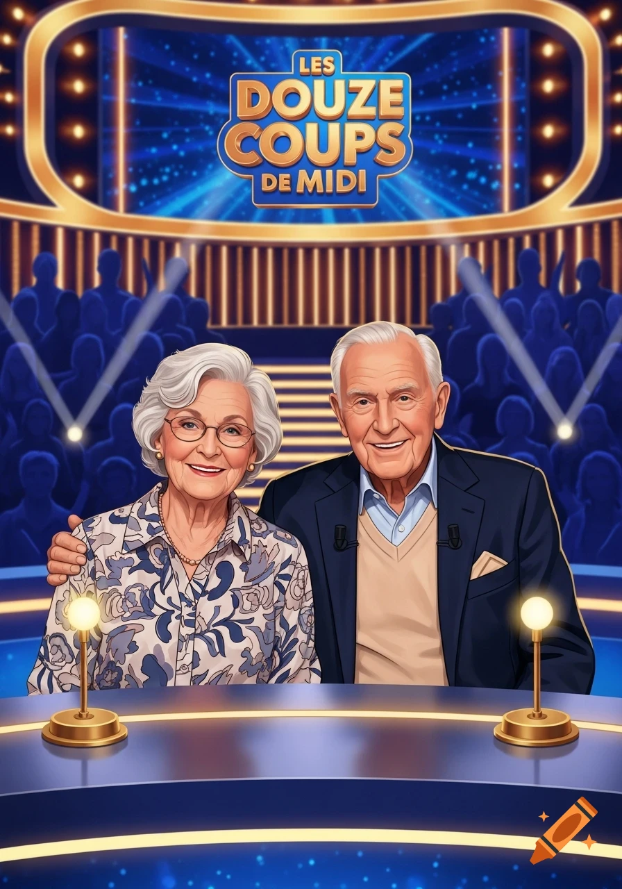 An illustrated portrait of a smiling elderly couple on a game show set titled "Les Douze Coups de Midi".