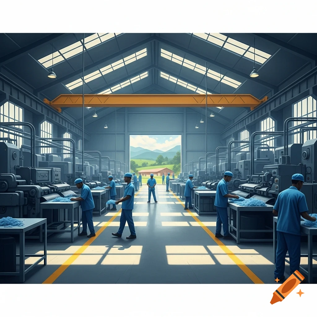 Workers in blue uniforms operate machinery inside a large, modern factory, with green hills visible through an open door.