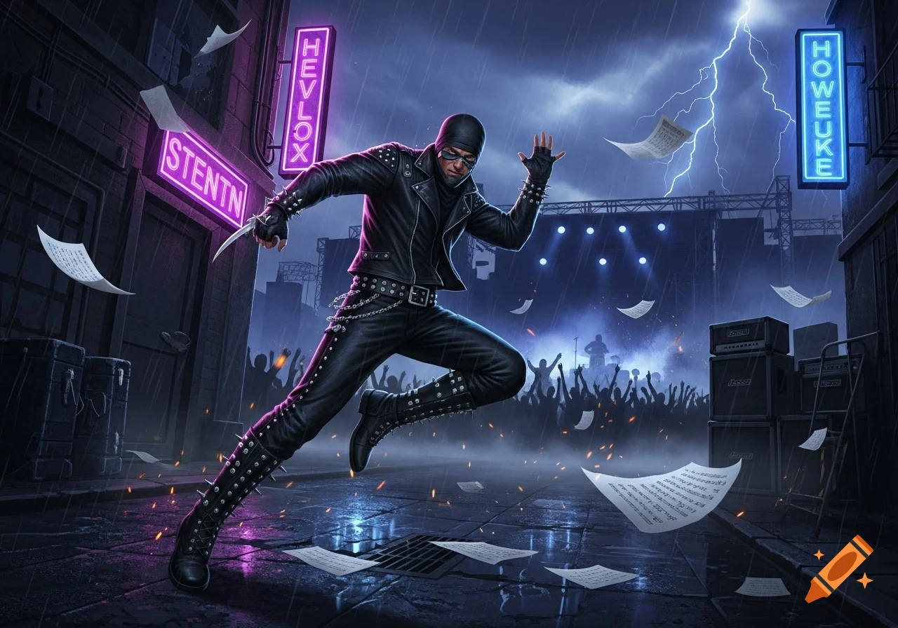 A masked figure in black studded leather, holding a knife, runs through a rainy alleyway with neon signs, lightning, and a distant concert crowd.