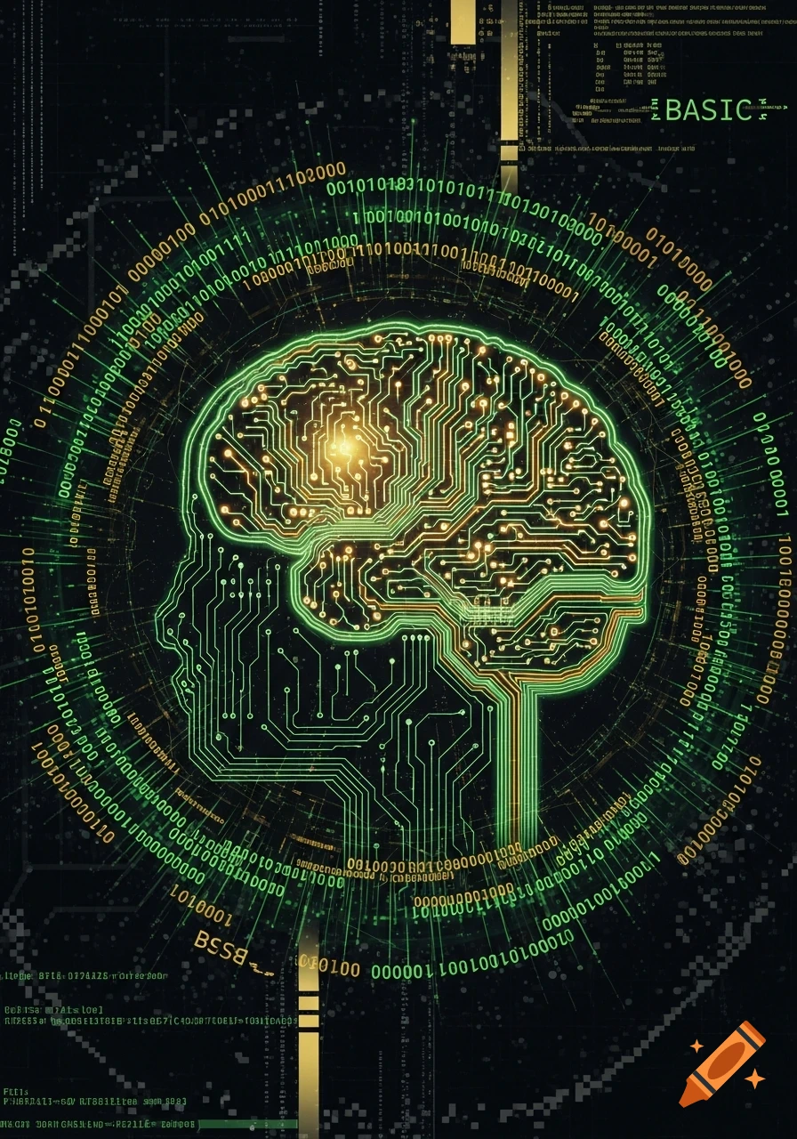 A glowing green circuit board forming a human brain, surrounded by binary code and 'BASIC' text on a dark, digital background.