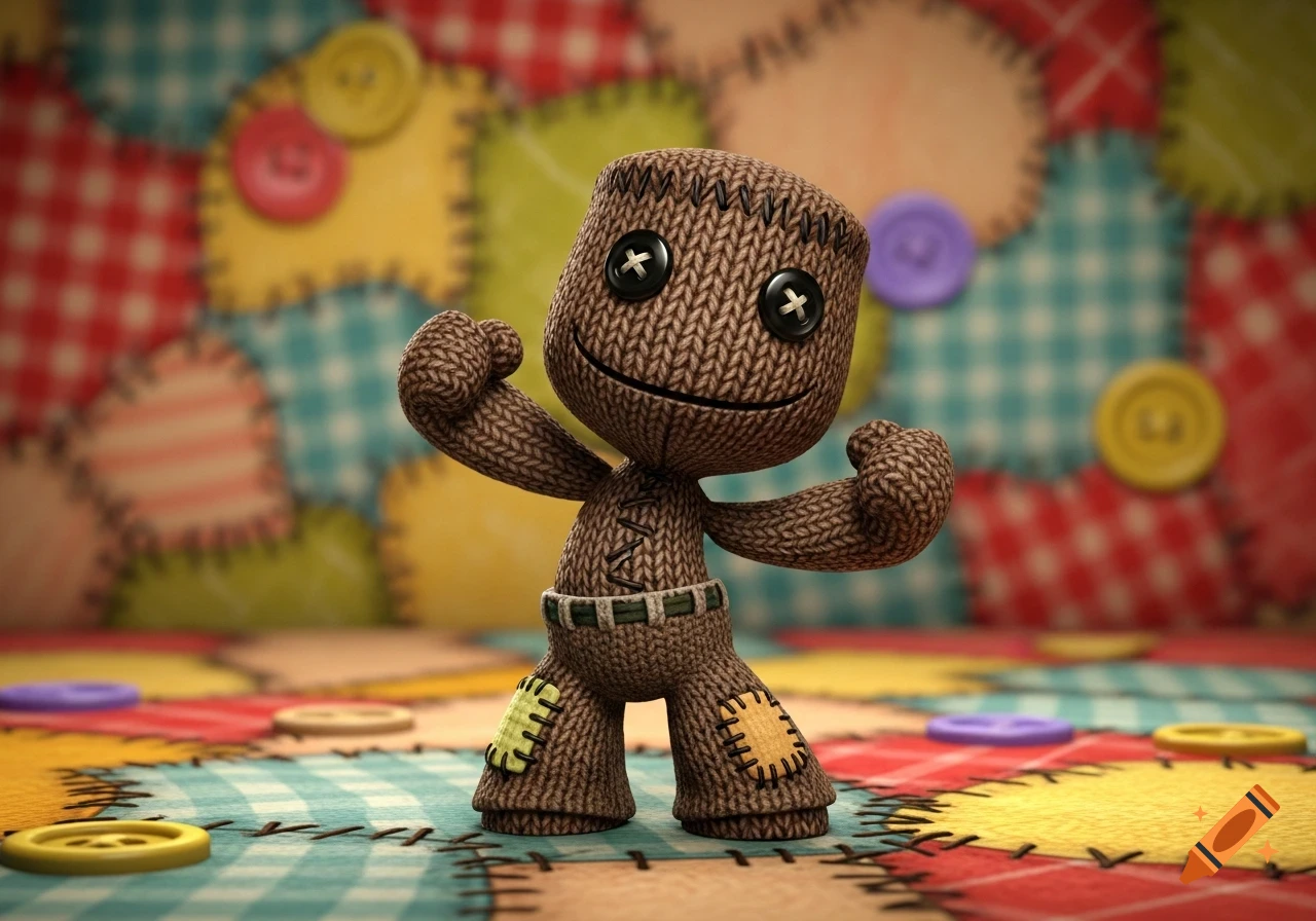 Brown knitted Sackboy character smiling and flexing biceps on a colorful patchwork background with buttons.