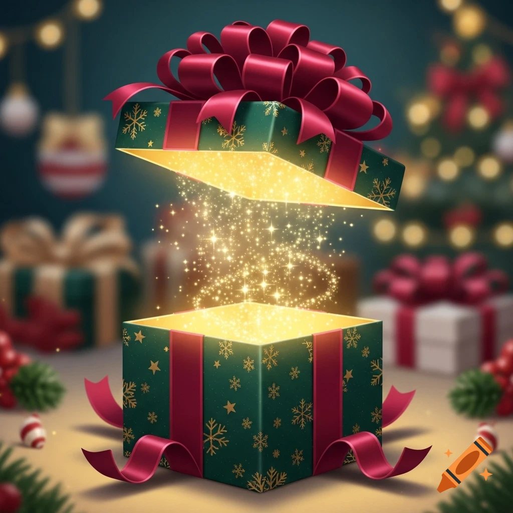 A vibrant green gift box with a red ribbon and bow opening to emit golden light and sparkles, surrounded by blurred Christmas decorations.