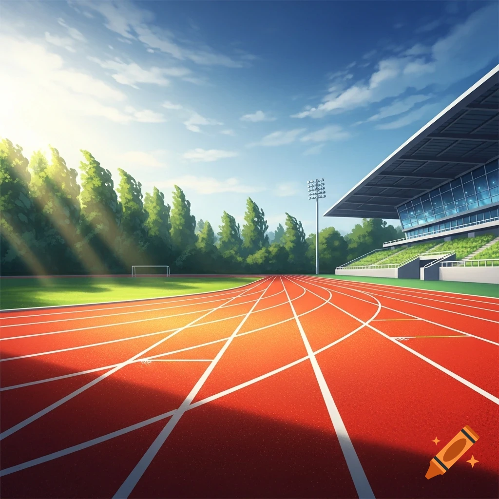A vibrant anime-style athletics track with stadium seating and trees under a bright blue sky.
