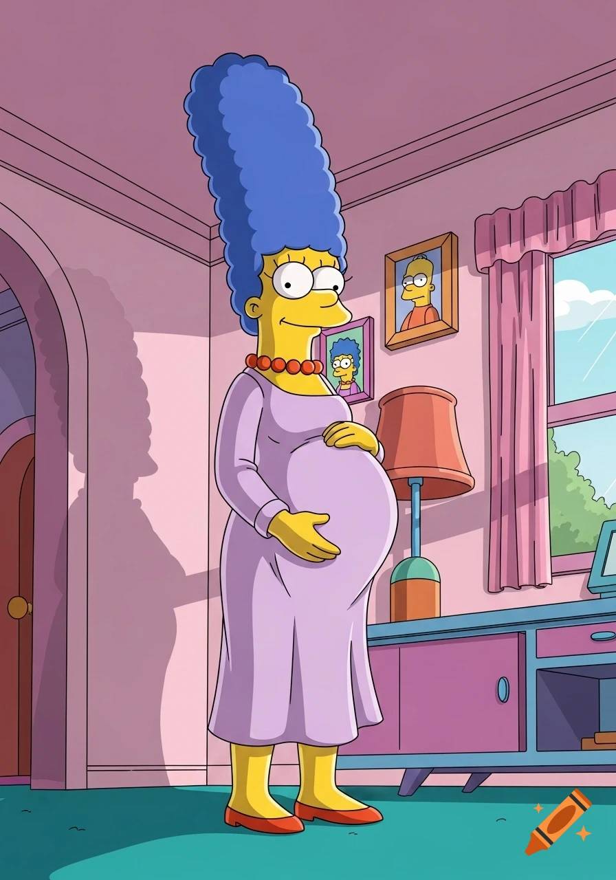 Marge Simpson, a cartoon character with a tall blue beehive, stands in a living room, smiling and cradling her pregnant belly.