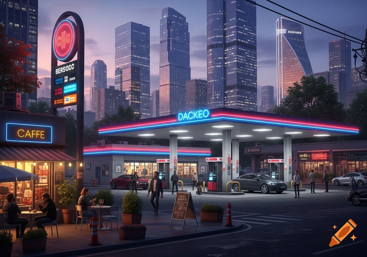 A vibrant evening cityscape features a brightly lit gas station with a cafe next to it, under tall skyscrapers.