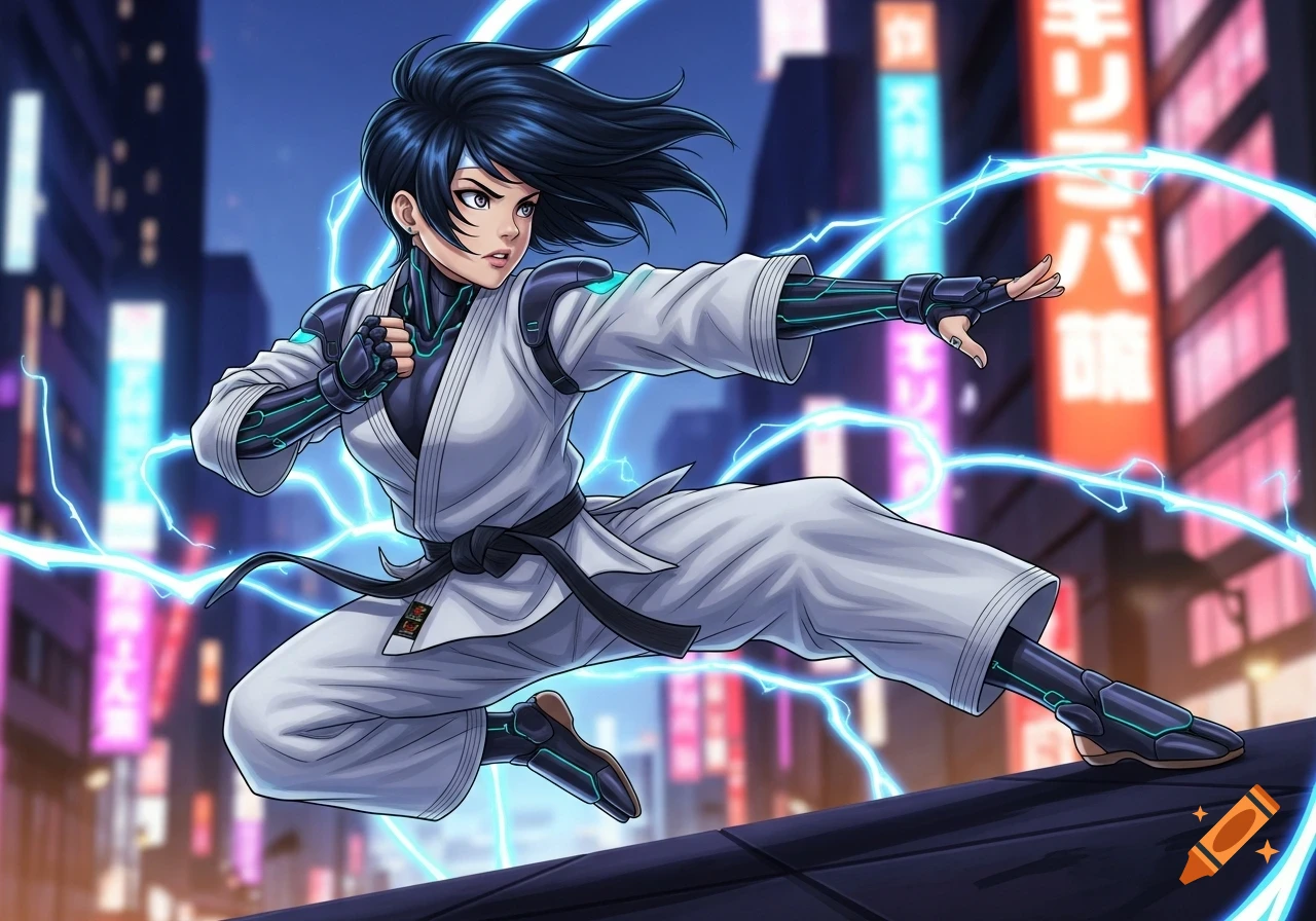 Anime style character in a white gi with glowing tech accents, surrounded by blue lightning in a futuristic city at night.