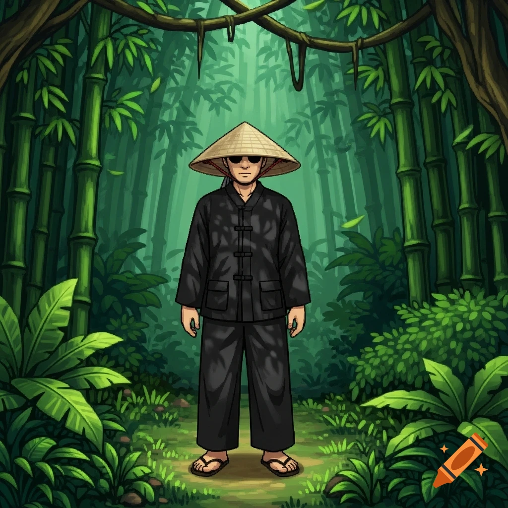 Stylized RPG illustration of a person wearing a black uniform, conical hat, and sunglasses, standing in a bamboo forest.