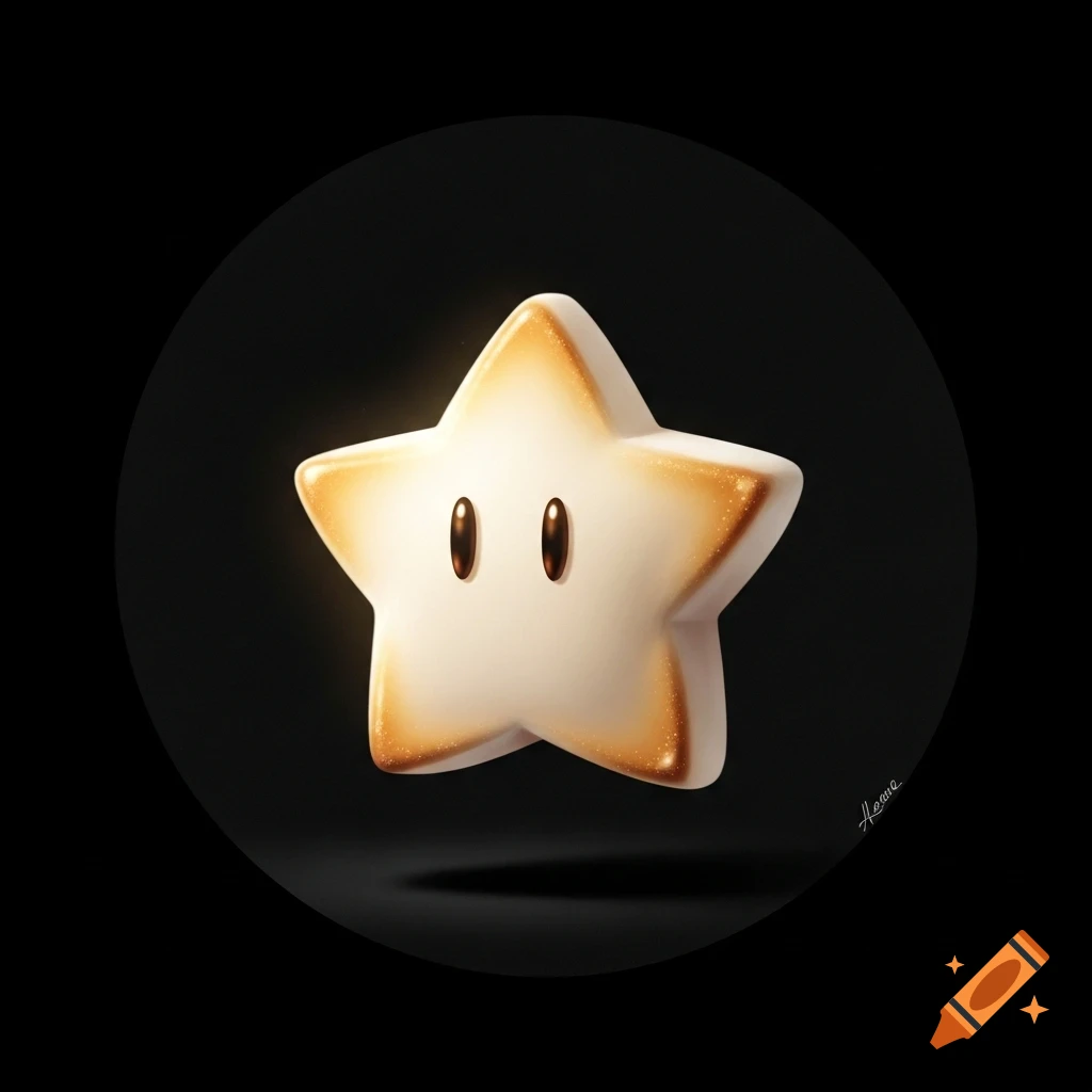 A stylized marshmallow Super Mario star with big oval eyes, rendered against a black circular background.