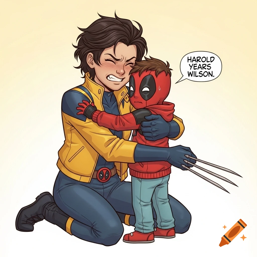 A comic book illustration of Gabby Kinney (Honey Badger) in a yellow jacket, hugging a shy young boy in a Deadpool mask.