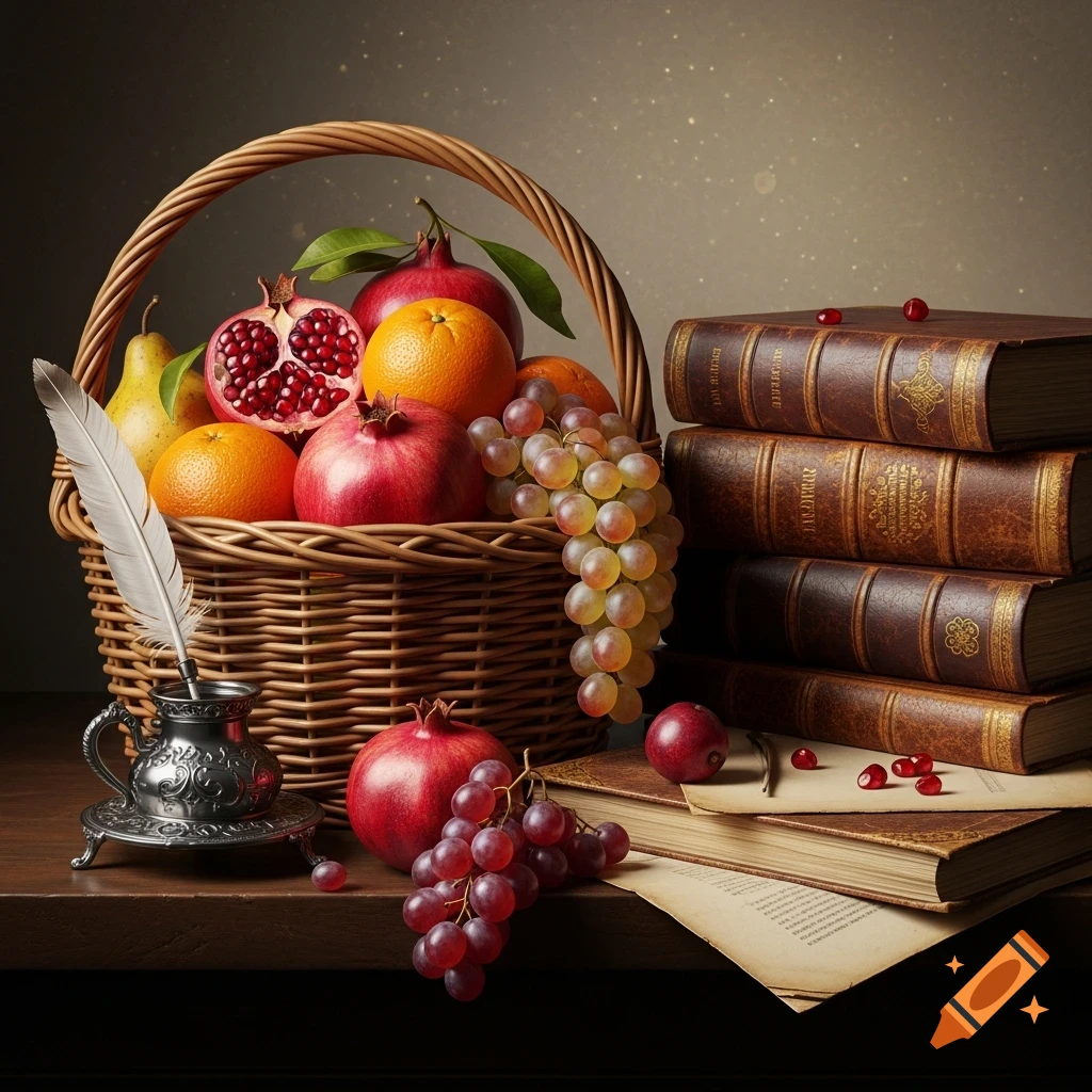 A classic still life with a basket of pomegranates, oranges, and grapes, an inkpot with a feather, and a stack of old leather-bound books.
