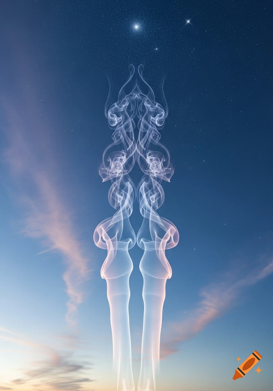 A symmetrical, ethereal white smoke-like figure rises against a deep blue sky with scattered stars and soft pink clouds.