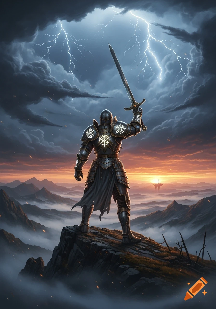 Knight in dark armor holds a sword aloft on a mountain peak, dramatic lightning in a stormy sky above misty mountains at sunset.