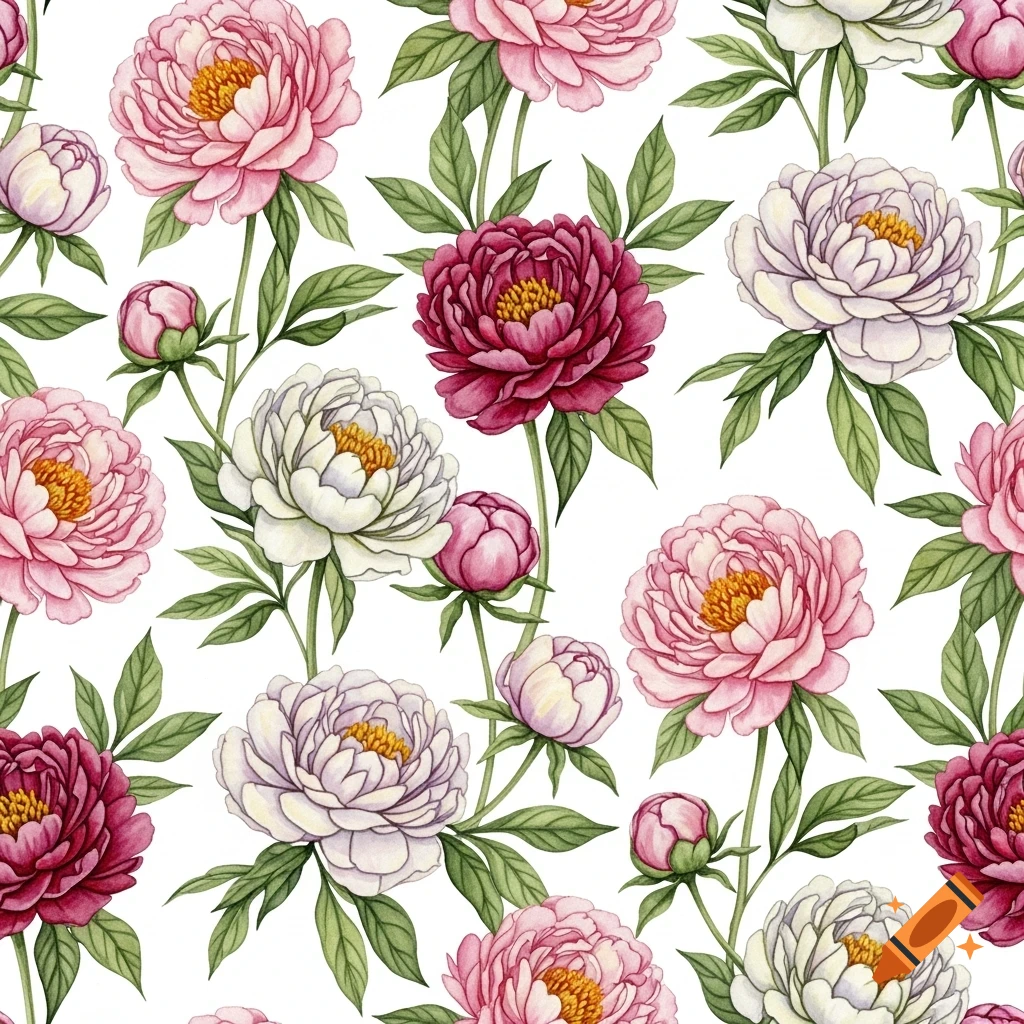A seamless watercolor pattern of pink, white, and burgundy peonies with green leaves on a white background.