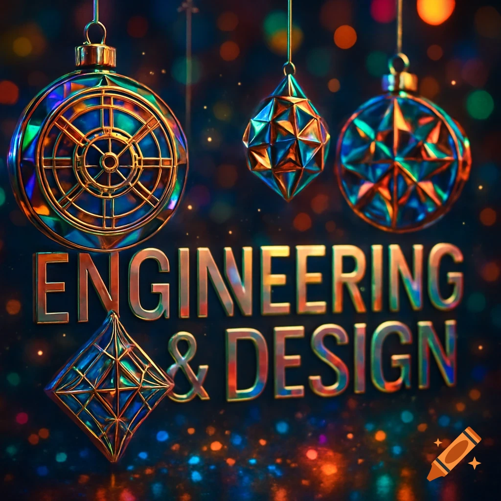 Ornate, colorful mirrored ornaments hang above the metallic text 'ENGINEERING & DESIGN' against a festive bokeh background.