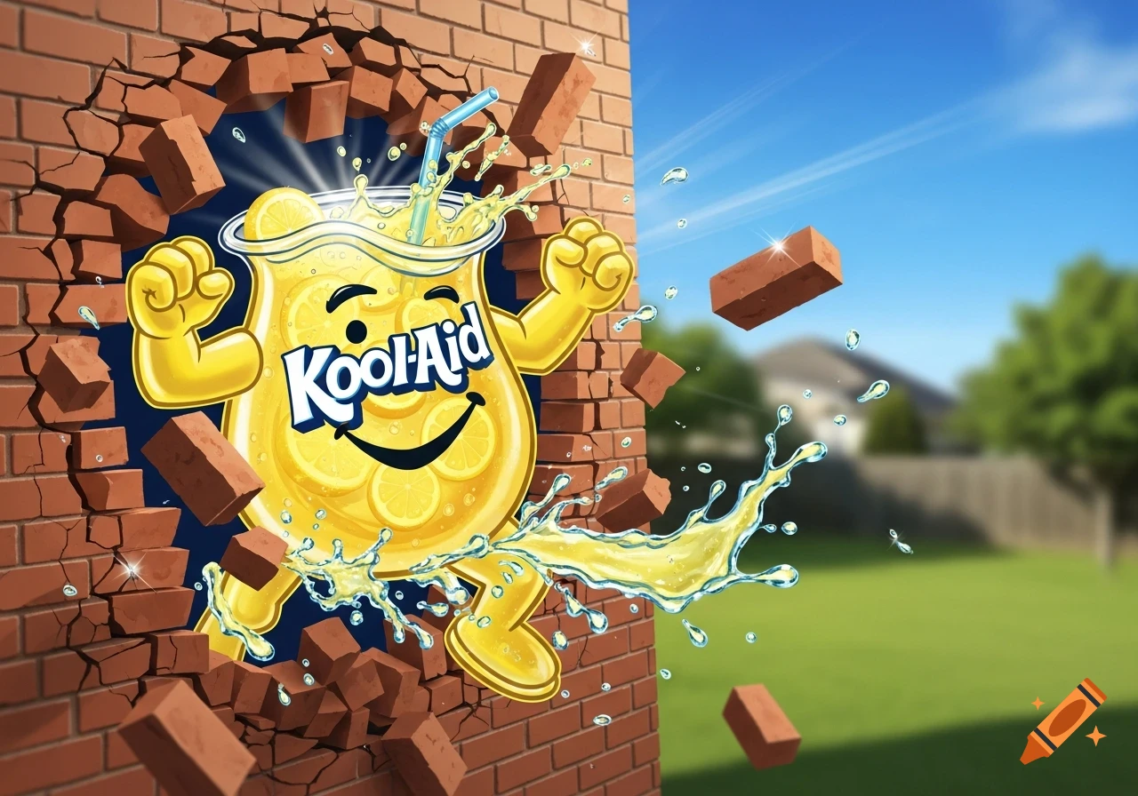 A smiling, yellow, pitcher-shaped Kool-Aid Man with lemons inside, wearing a blue straw, bursts through a brick wall, splashing lemonade.