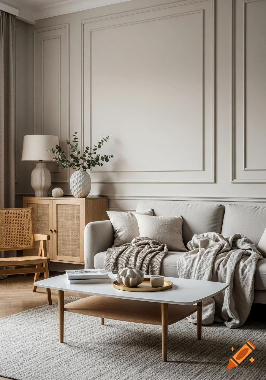 A bright, minimalist living room with a neutral sofa, coffee table, rattan chair, and paneled walls.