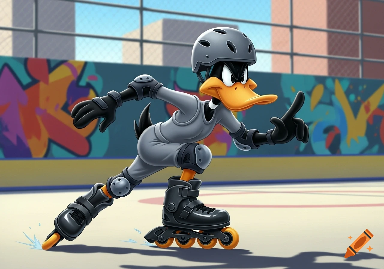 Daffy Duck rollerblading at an outdoor rink, wearing a gray helmet, pads, and black inline skates, cartoon style.