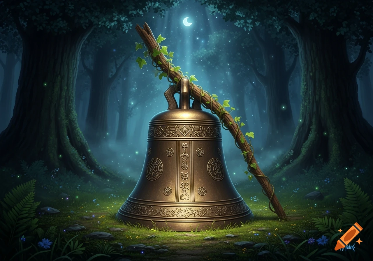 A large, ornate brass bell with a vine-covered stick leaning on it, set in a mystical forest with glowing fireflies under a crescent moon.