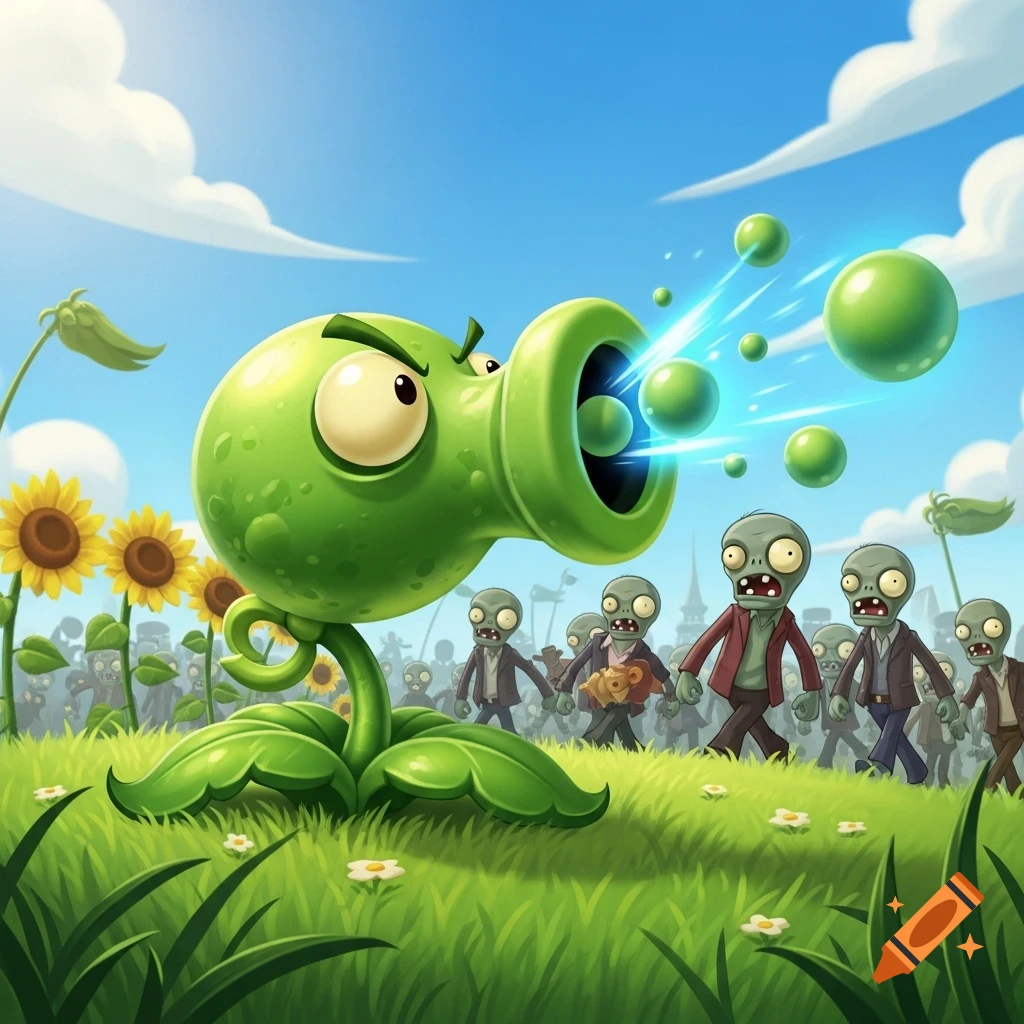 Cartoon peashooter plant firing peas at a horde of zombies in a sunny, grassy field with sunflowers.
