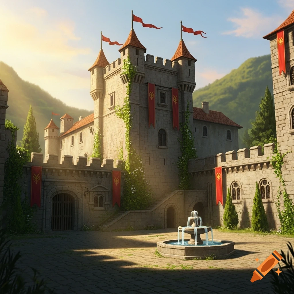 A grand fantasy castle courtyard with a stone fountain, red banners, and green mountains under a bright sky.