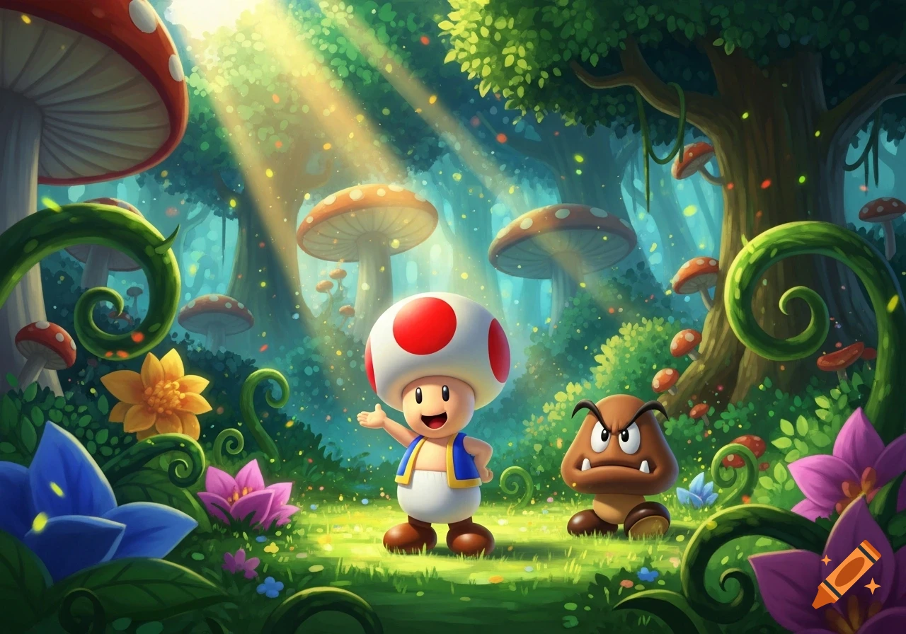 Toad and an angry Goomba stand in a vibrant, sunlit fantasy forest filled with colorful mushrooms, flowers, and glowing particles.