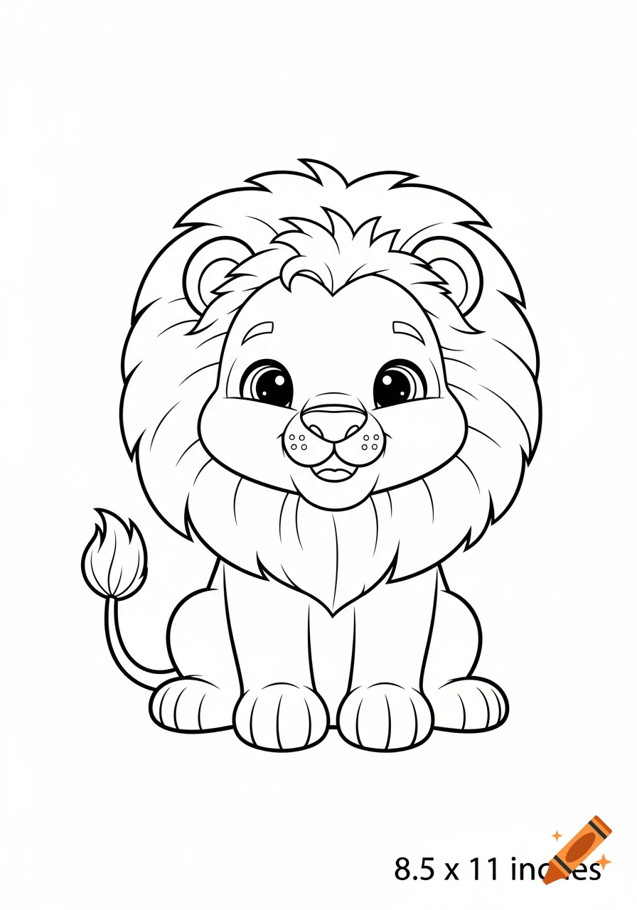 Cute cartoon baby lion sitting, black and white line art coloring page with "8.5 x 11 inches" text.