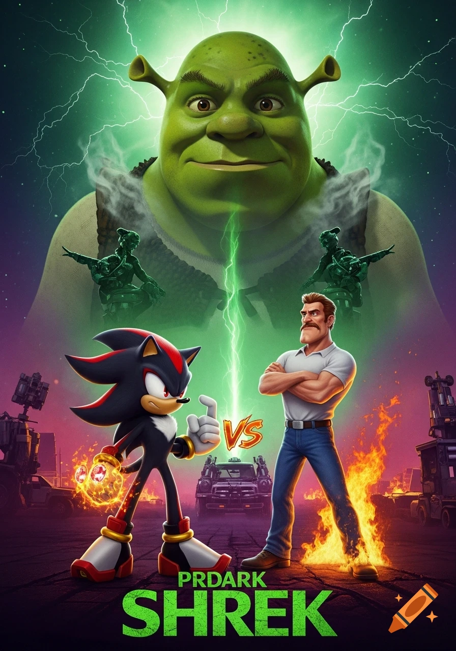 Dramatic movie poster featuring a huge Shrek looming over Shadow the Hedgehog and Hank Hill, amidst lightning and explosions.