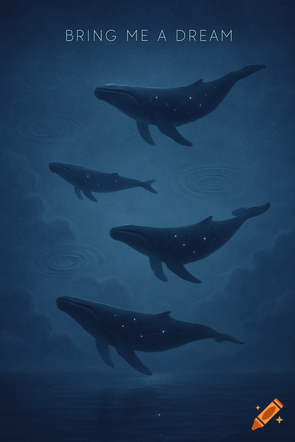 Four dark whales with star constellations float in a deep blue, dreamlike night sky with subtle ripples. Text reads "BRING ME A DREAM".