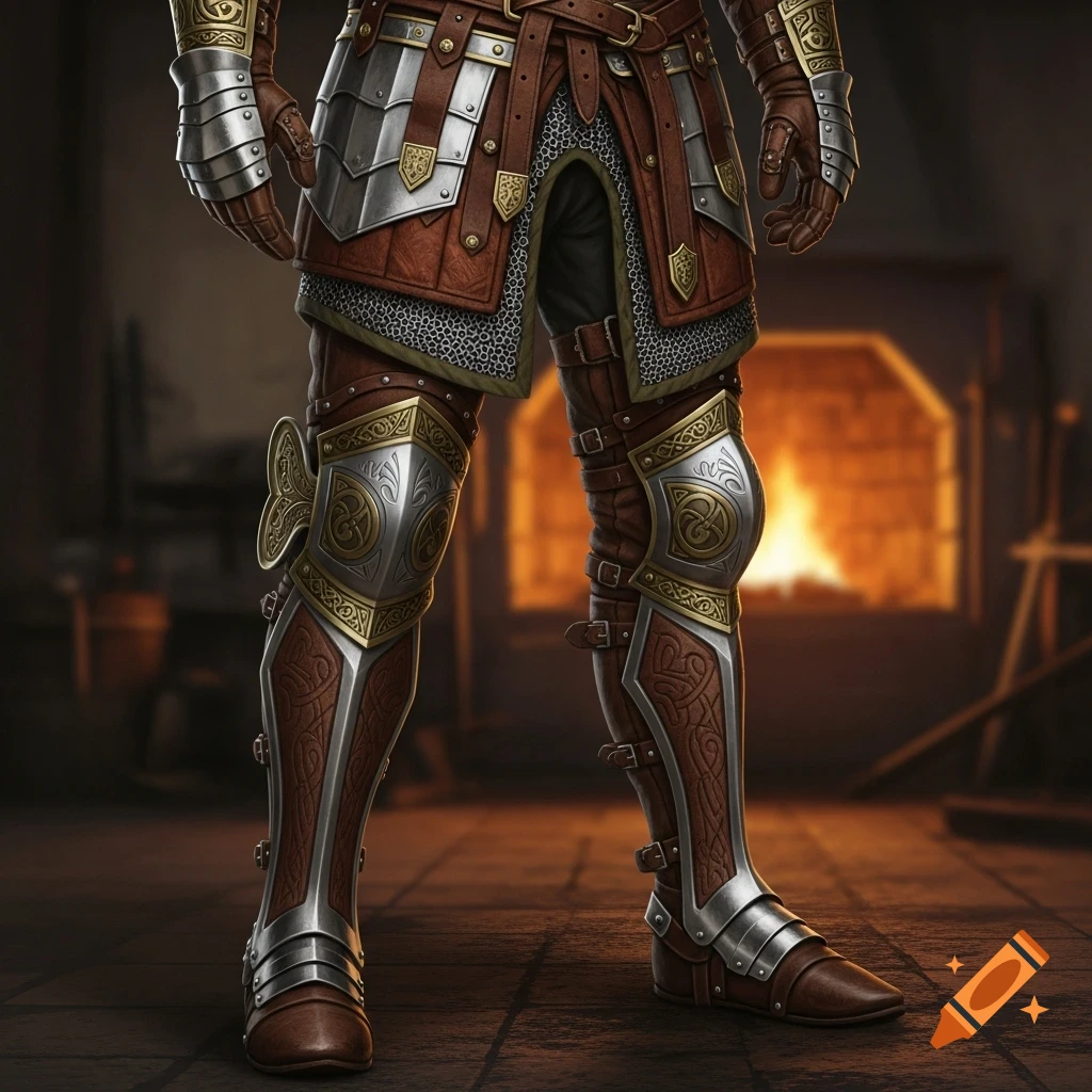 Close-up of a person in intricate brown leather and silver steel fantasy armor with gold Celtic patterns, standing in a forge.