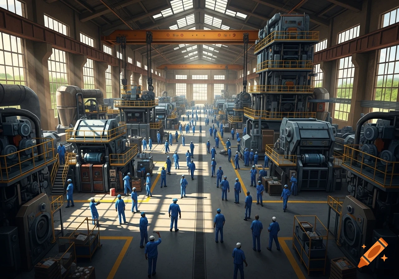 Wide shot of a bustling factory floor with numerous workers in blue uniforms amidst large industrial machinery under sunlight.