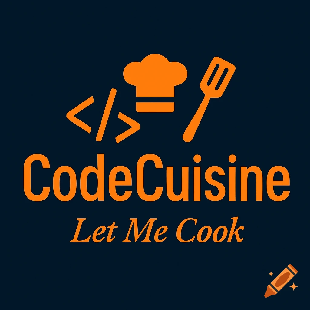 CodeCuisine logo featuring orange coding symbol, chef's hat, and spatula with text 'CodeCuisine Let Me Cook' on a dark blue background.
