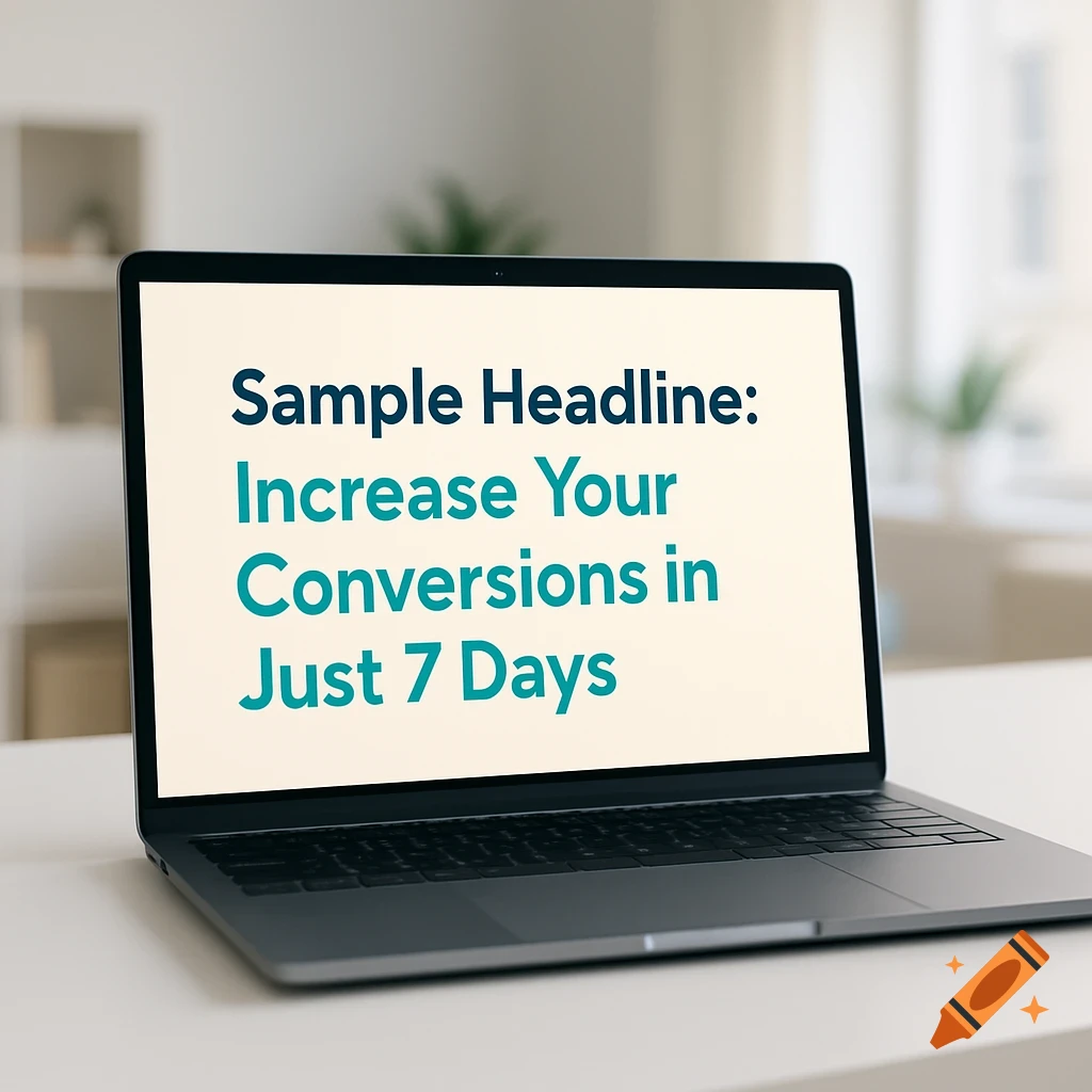 A laptop displaying the text 'Sample Headline: Increase Your Conversions in Just 7 Days' on its screen, set on a white desk with a blurred background.