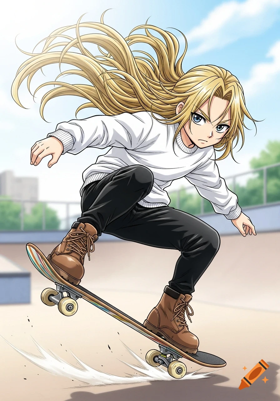 An anime-style character with long blonde hair, wearing a white sweatshirt and black pants, balances on a skateboard in motion at a skate park.