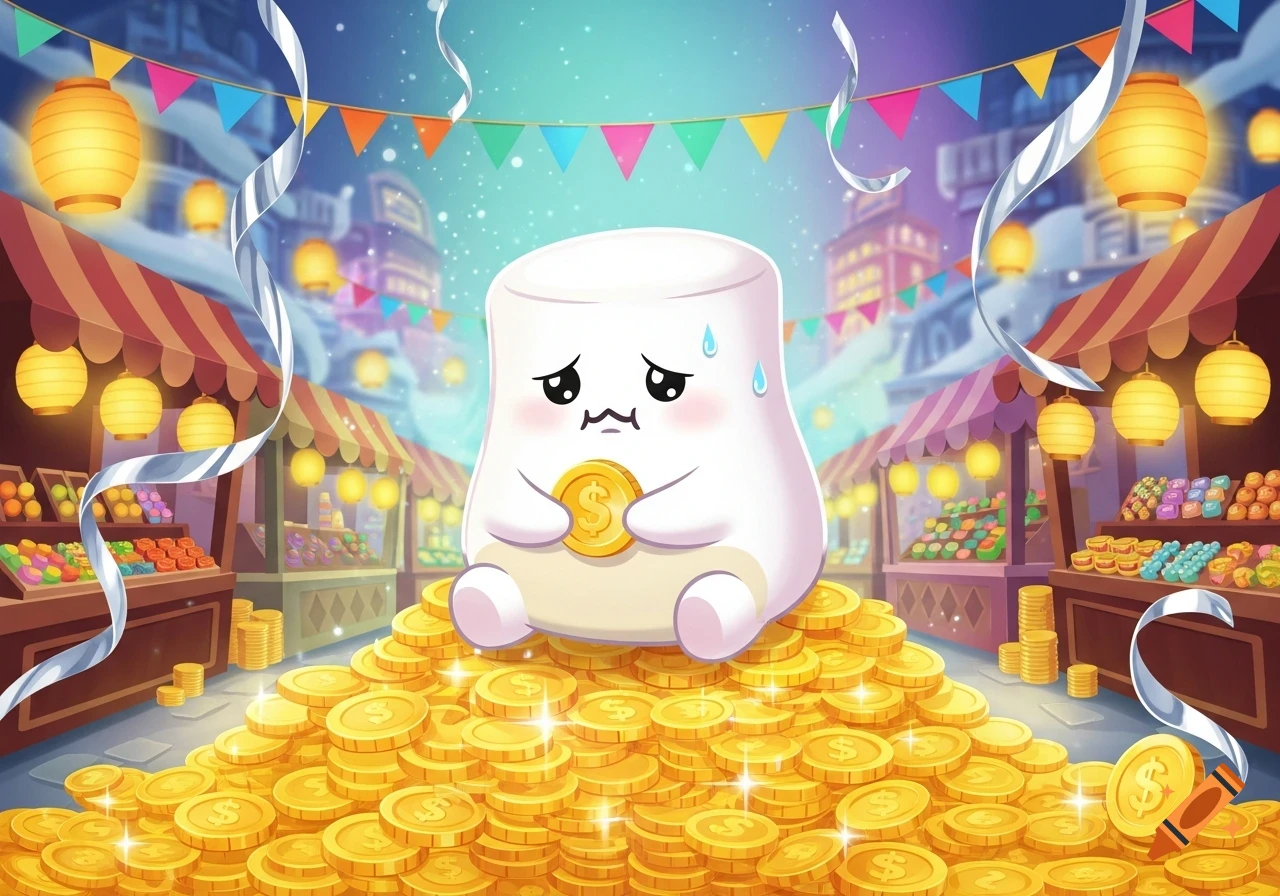 A sad, cute marshmallow character sits on a large pile of gold coins, holding one, in a vibrant snowy market scene.