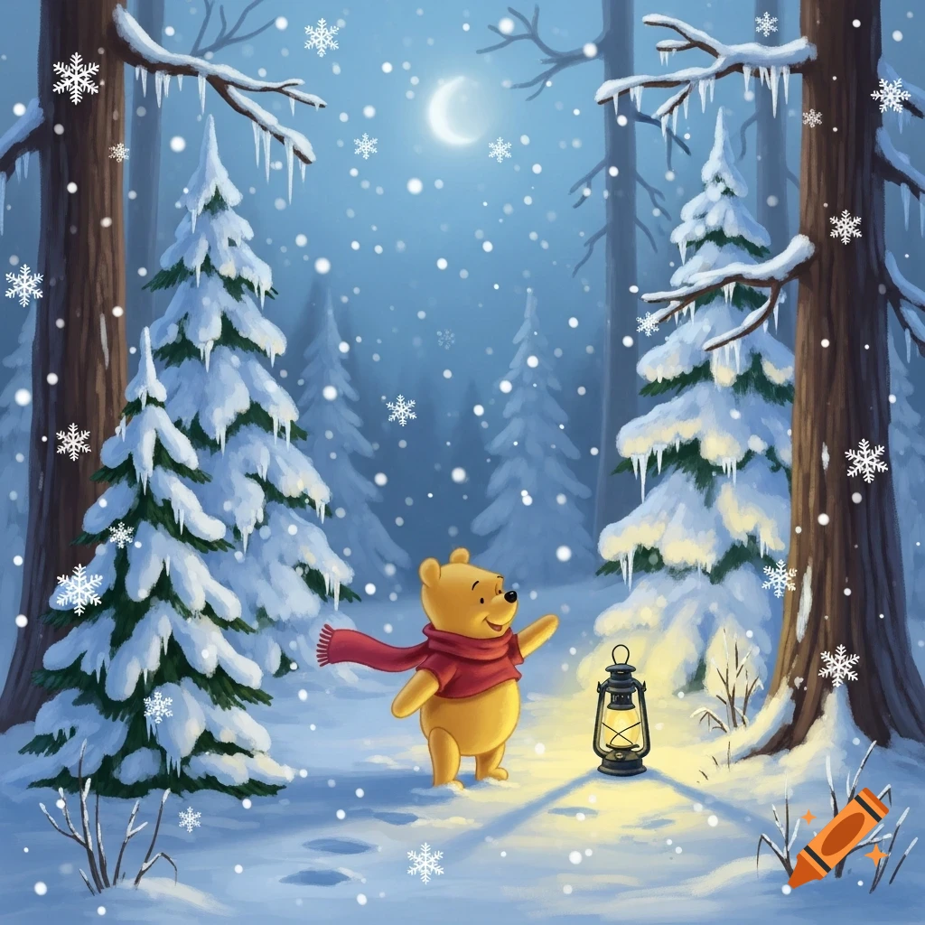 Winnie the Pooh in a snowy forest at night, wearing a red scarf, holding a glowing lantern as snowflakes fall.