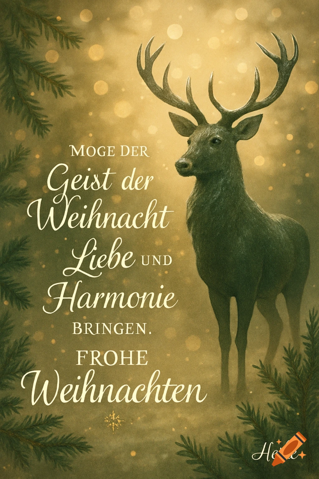 An elegant stag stands amidst golden lights and pine branches on a Christmas greeting card with German text.