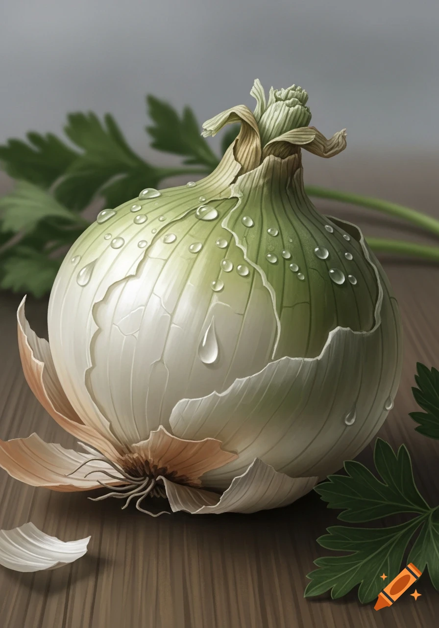 A white and green onion with water droplets rests on a wooden surface with green leaves behind it.