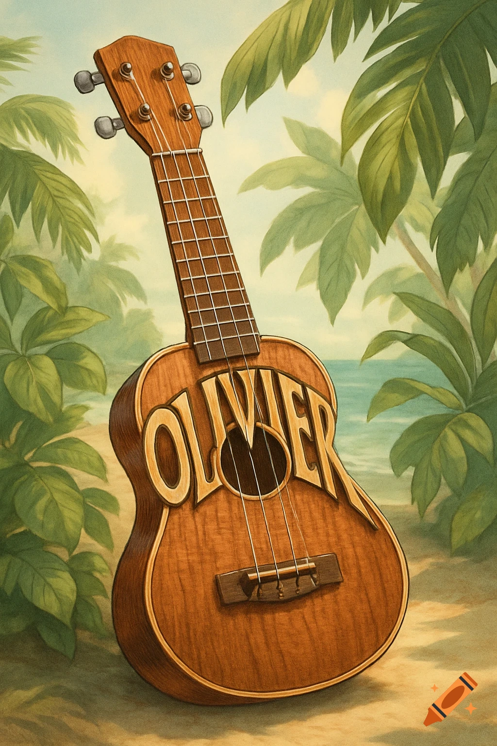 An illustration of a wooden ukulele with 'OLIVIER' on its body, standing on a tropical beach with palm leaves.