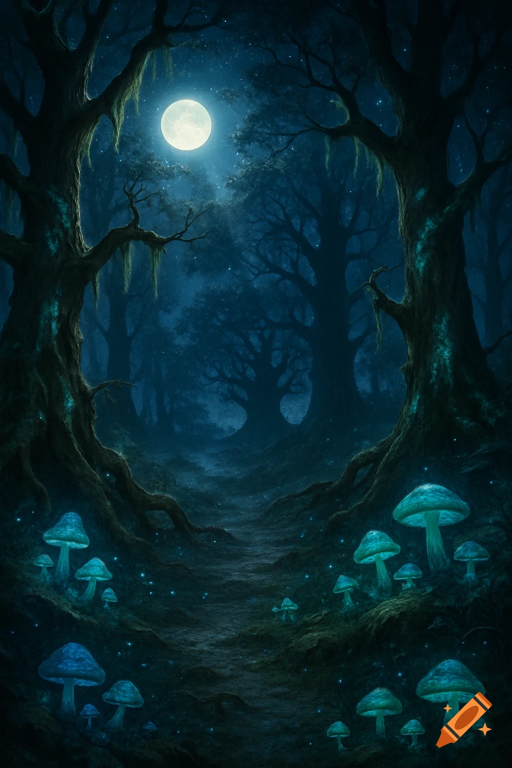 A mystical night forest with a full moon, dark trees, and glowing blue ...