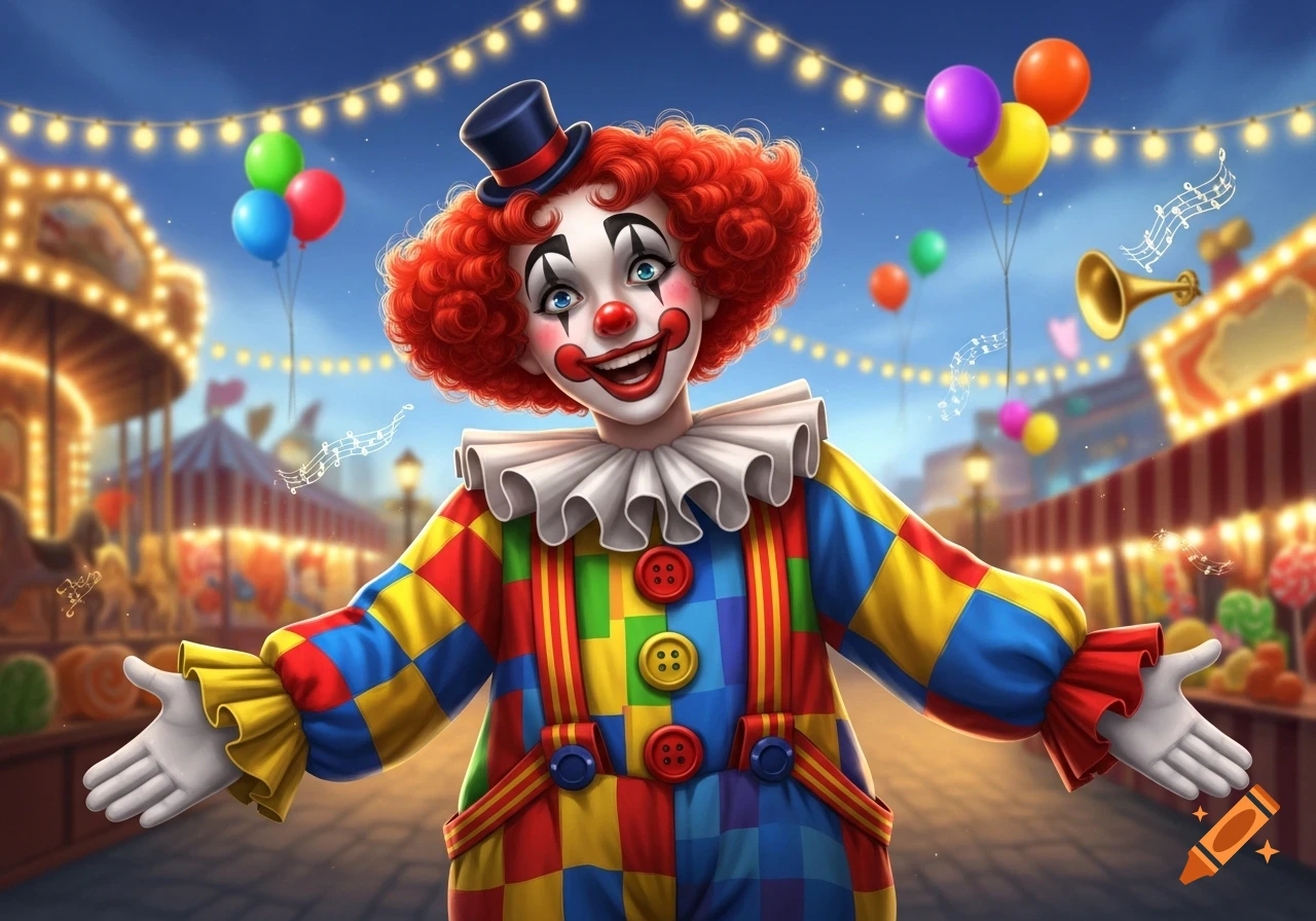 A friendly clown with red curly hair and a colorful patchwork costume smiles with arms outstretched at a vibrant carnival.