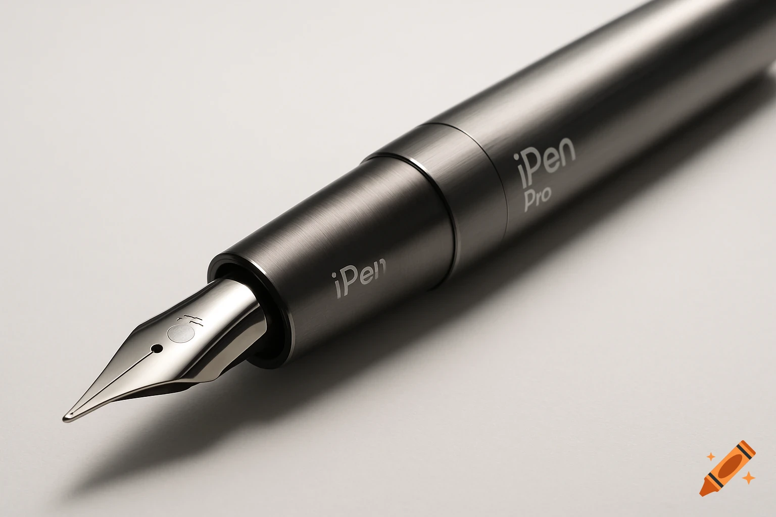 A sleek, space grey 'iPen Pro' fountain pen with a polished rhodium nib rests on a clean white surface, product photography.