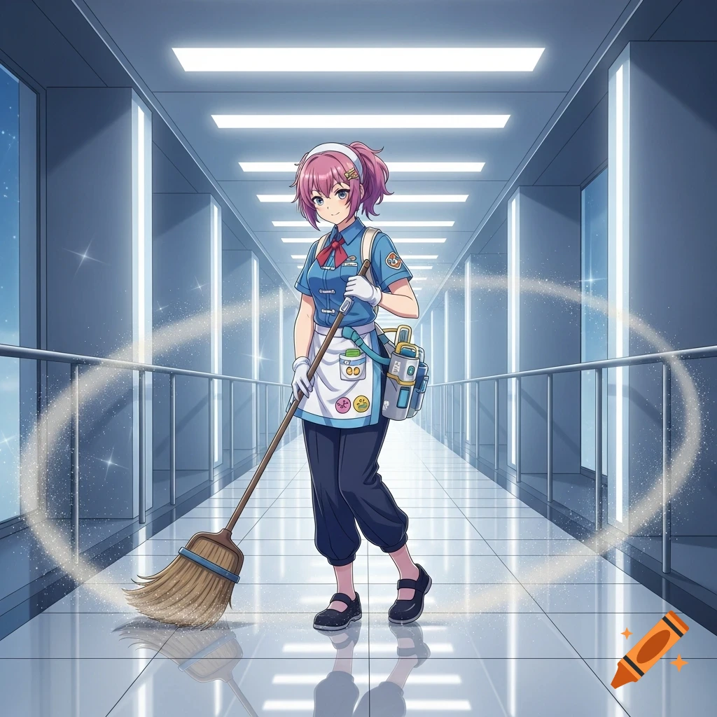 Anime girl with pink hair in a blue janitor uniform holds a broom, sweeping a sparkling clean, futuristic hallway.