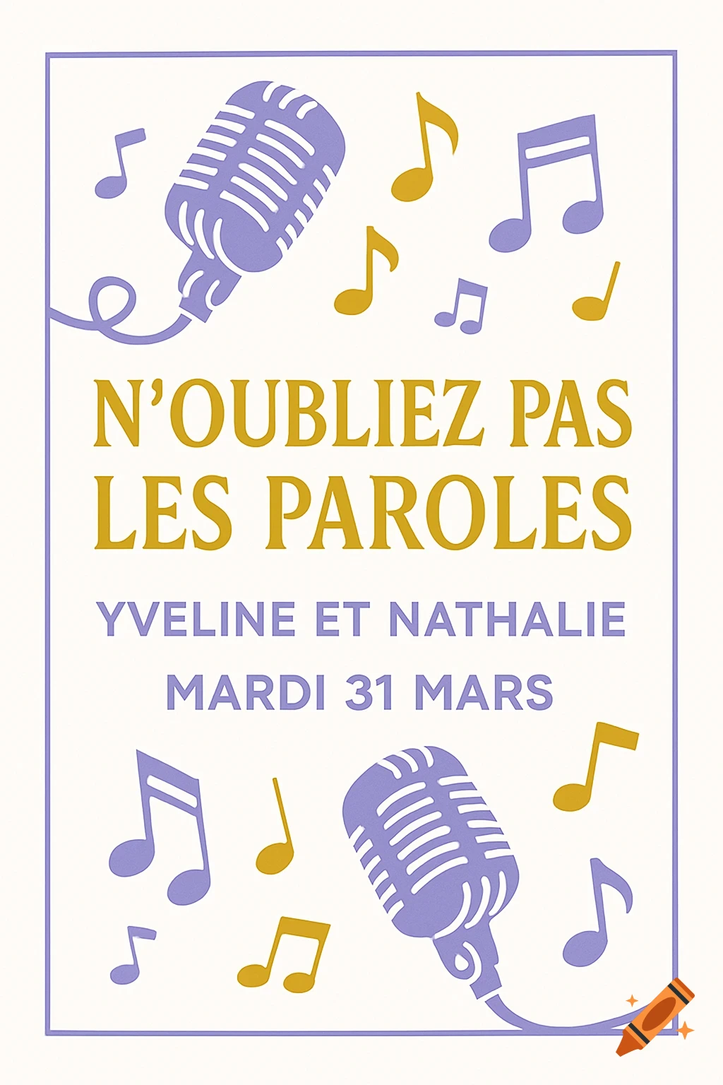 Stylized invitation with two purple microphones, golden and purple musical notes, and French text for a karaoke event.
