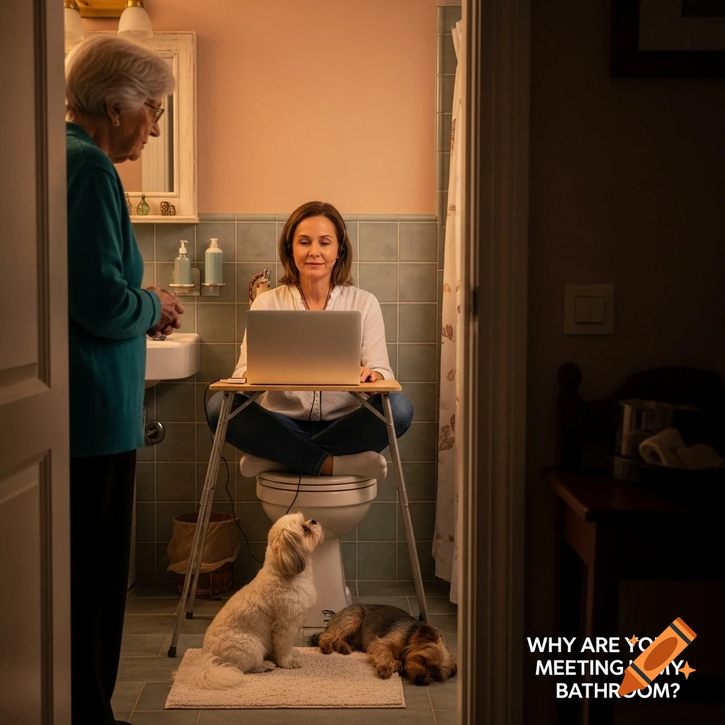A woman works on a laptop while sitting on a toilet in a bathroom, with dogs nearby. An older woman looks in, asking about the meeting.