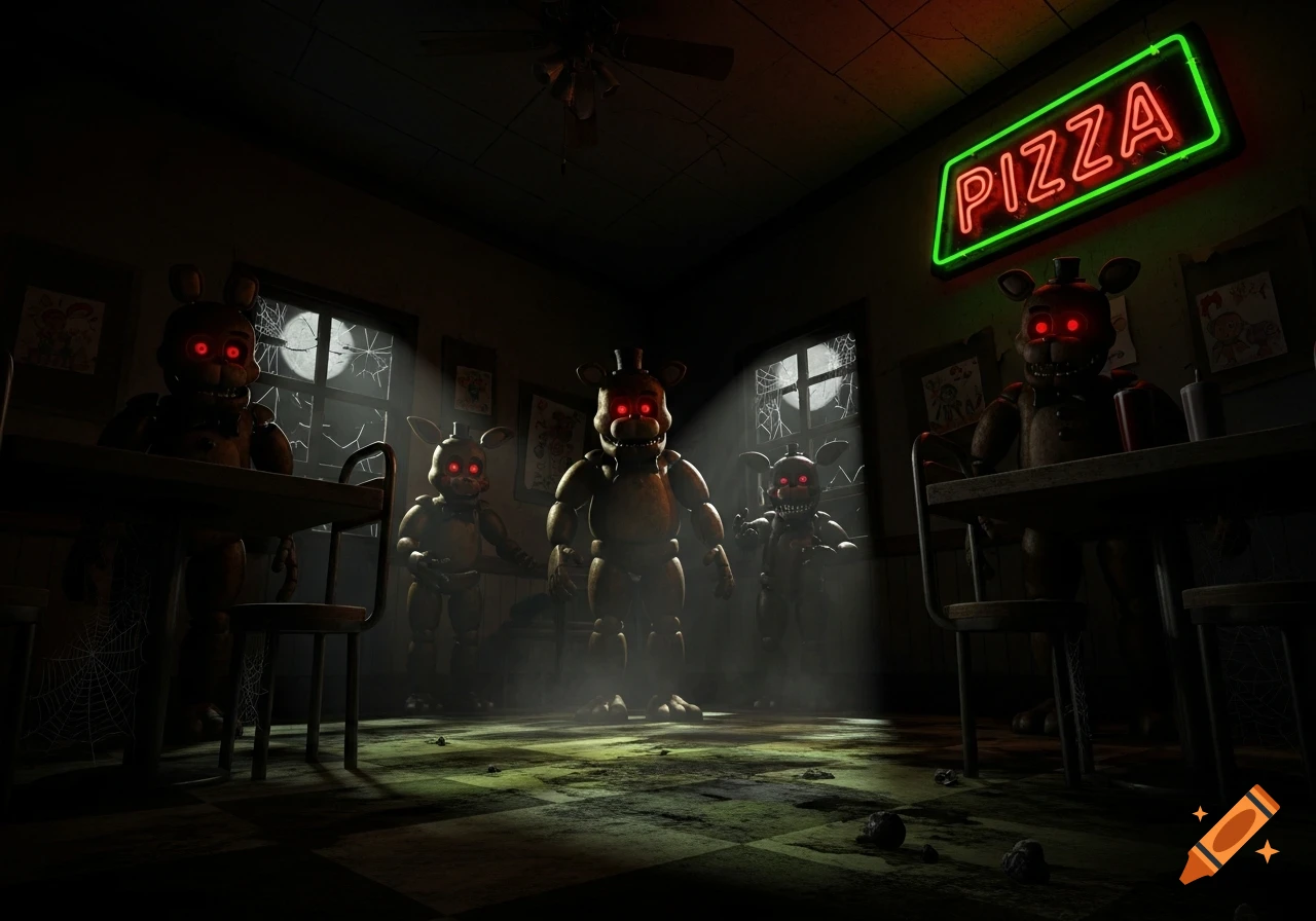 Five animatronics with glowing red eyes stand in a dark, abandoned pizza restaurant under a neon PIZZA sign, with cobwebs and broken windows.