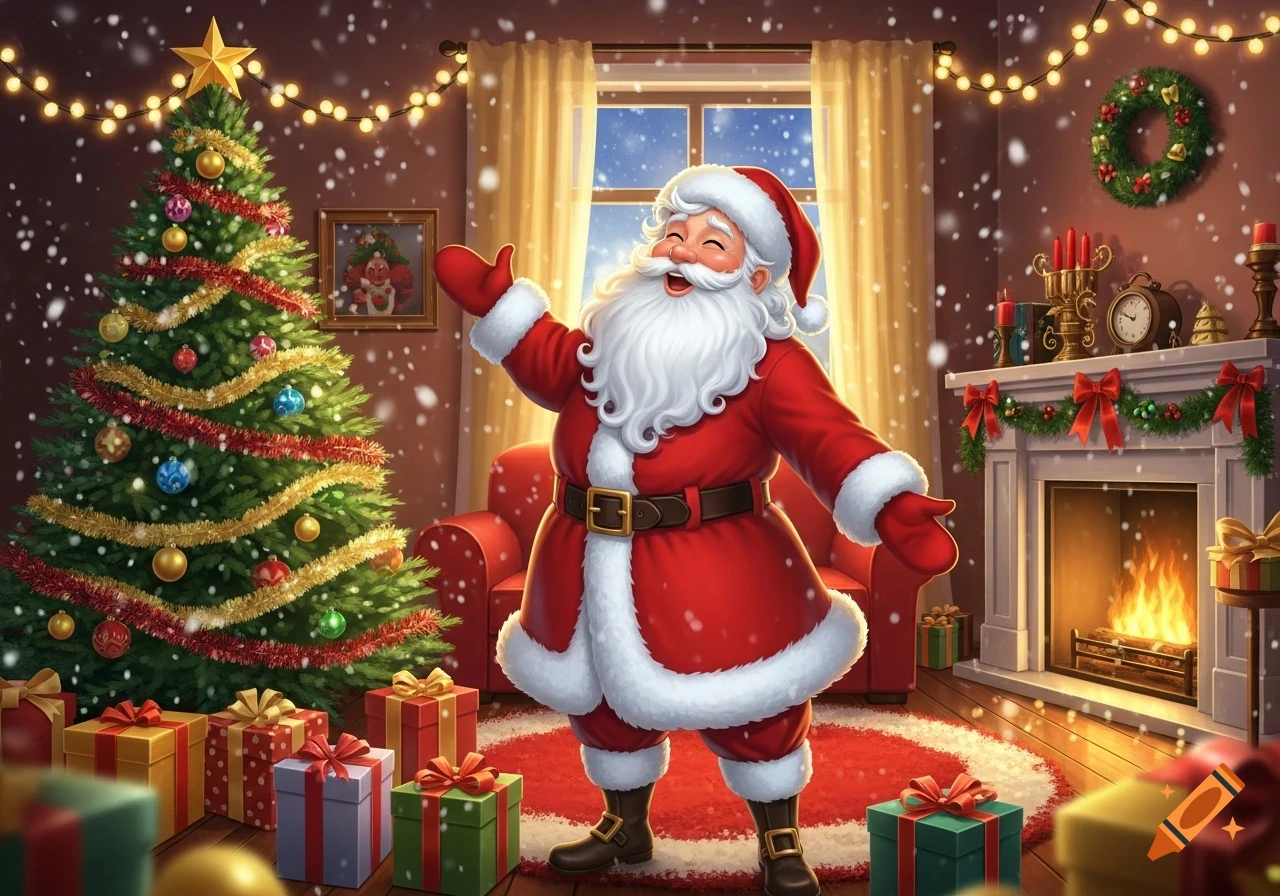 Happy Santa Claus stands in a festive Christmas living room with a decorated tree, glowing fireplace, and falling snow outside a window.