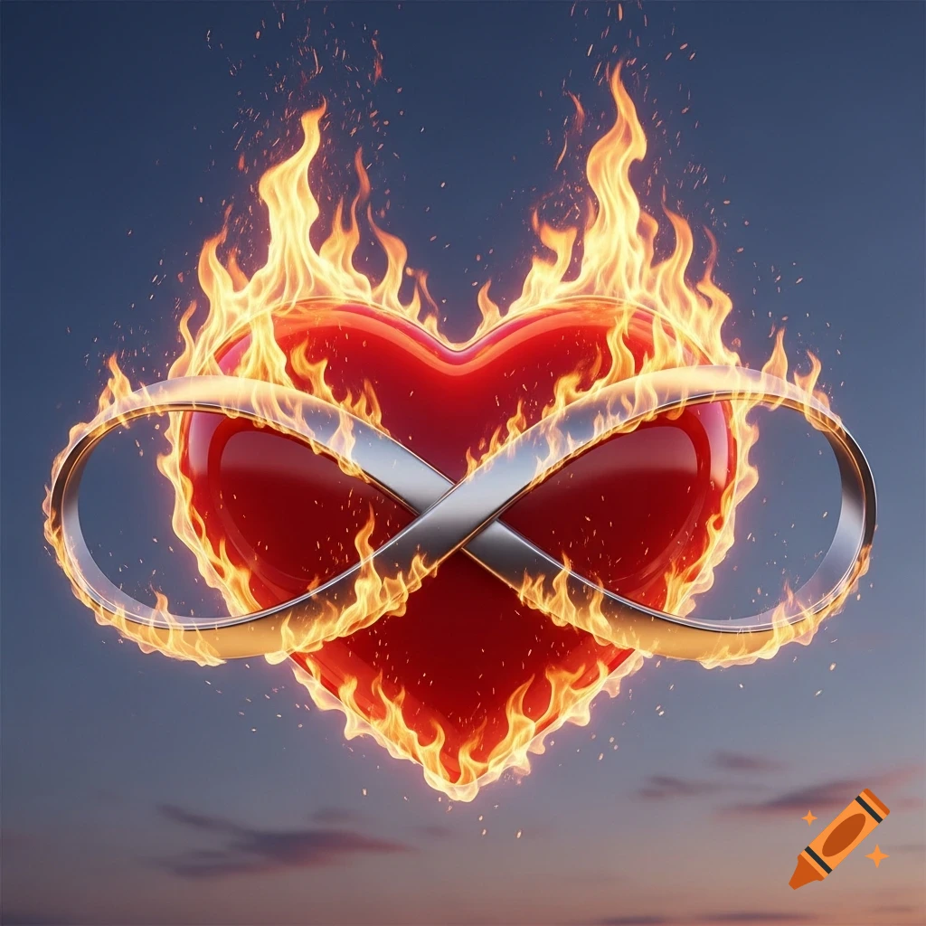 A glossy red heart encircled by a silver infinity sign, engulfed in vibrant orange and yellow flames against a gradient sky.