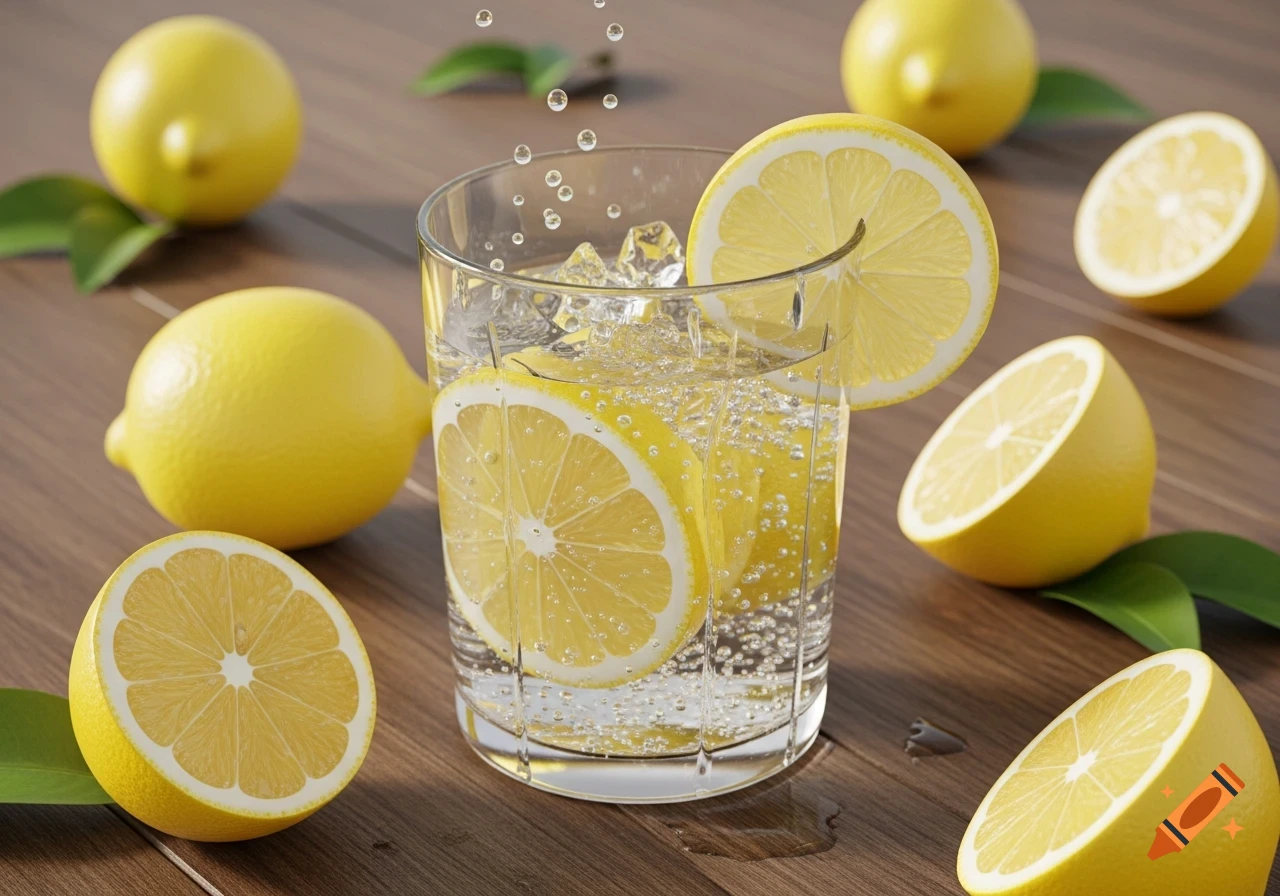 A glass of sparkling lemon water with ice, garnished with lemon slices, surrounded by whole and halved lemons on a wooden table.