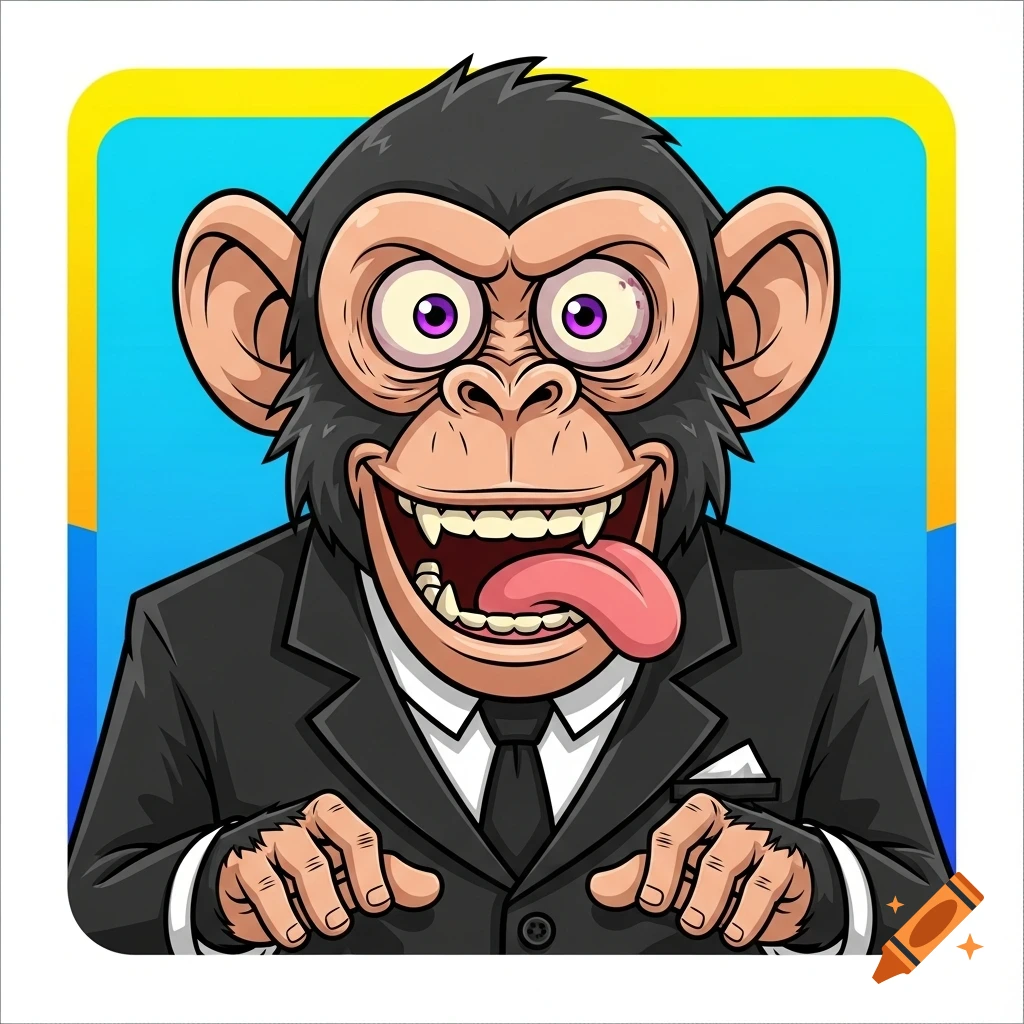 Cartoon chimpanzee in a black suit and tie with bulging purple cross-eyes, a crazy expression, sticking its tongue out, and a wild smile. Colorful avatar.