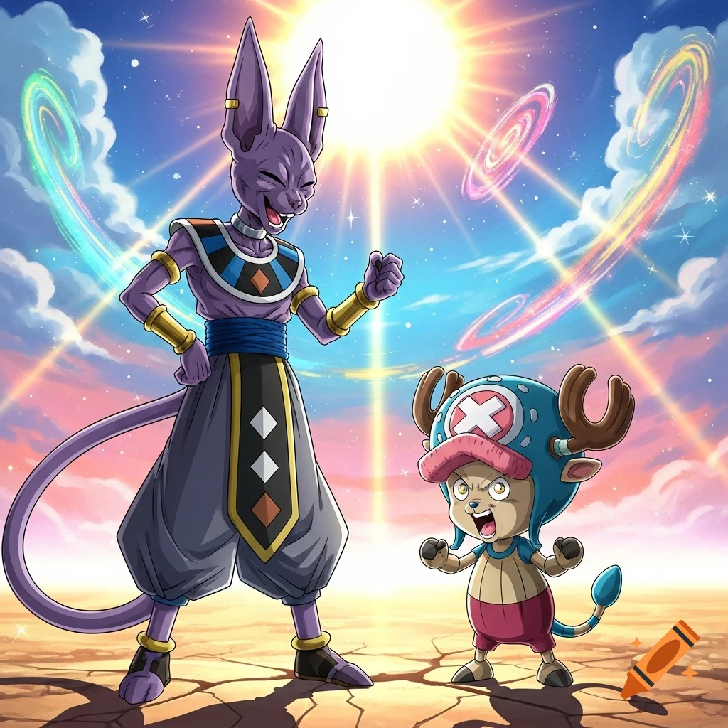 Anime-style Beerus, a purple cat-like deity, laughs at an angry Tony Tony Chopper in a sunny, swirling desert.